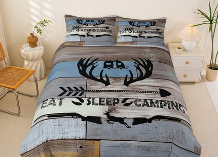 Erosebridal Camping Hunting Bedding Set Rustic Elk Deer Duvet Cover Queen Farmhouse Style Camper Theme Comforter Cover for Kids Adults,Eat Sleep Hunt and Camp Quilt Cover 2 Pillow Cases Grey Blue