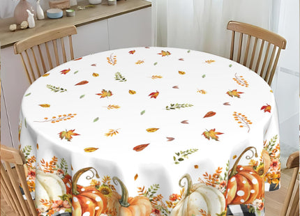Fall Pumpkin Round Tablecloth 60 Inch Polyester Maple Leaf Kitchen Decor