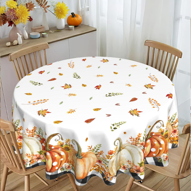 Fall Pumpkin Round Tablecloth 60 Inch Polyester Maple Leaf Kitchen Decor