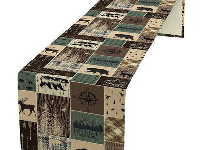 Country Rustic Farmhouse Deer Table Runner Tabletop Cover Vintage Cabin Bear Mountain Hunting Wild Animal Plaid Checkered Printed for Kitchen Dining Room 13x72 Inch