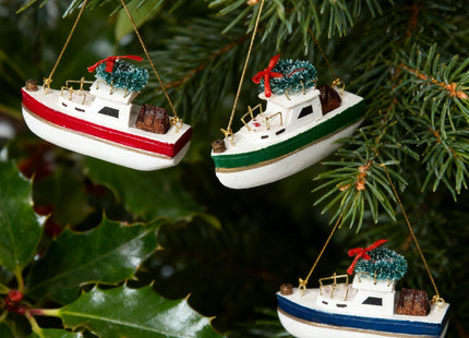 NAUTIMALL Christmas Hanging Lobster Boat Ornaments, 4 Inch Wooden Nautical Ship Decorations, White and Red/Green/Navy, Set of 3, Sailboat Decor