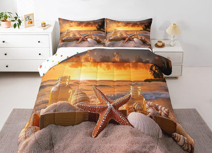 Starfish Comforter Set Boys Ocean Theme Bedding Twin Size, Shell Conch Beach Bedding Comforter Sets Seaside Hawaiian Vacation Style Duvet Insert 2 Pcs Soft Microfiber Quilt with 1 Pillowcase