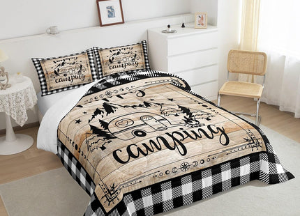 Erosebridal Happy Camping Bedding Sets King Western Lodge Cabin Comforter Set Black White Buffalo Plaid Duvet Insert Camper Theme Quilted Comforter Teens Adults Rustic Farmhouse Travel Trailers Decor