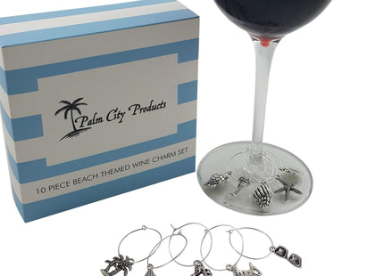 10 Piece Beach Themed Wine Charm Set - Nautical Stemmed Wine Glass Charms