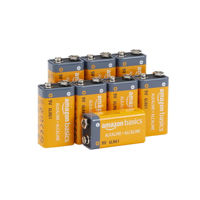 Amazon Basics 8-Pack 9V Long-Lasting Alkaline Batteries for Smoke Detector, Electronics & Audio, Reliable, 5-Year Shelf Life