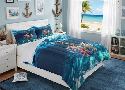 Castle Fairy Nautical Anchor Comforter Set,Undersea Light Water Ripple Bedding Set Kids Teens Modern Decor,Ocean Creature Starfish Coral Comforter with 1 Pillowcase for All Seasons,Twin