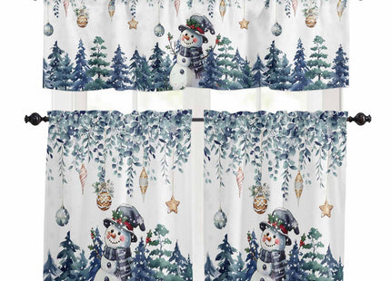 Blue Snowman Christmas Kitchen Curtain Set, Coastal Xmas Tree Curtains Valance and Tier 36 Inch Length, Farmhouse Eucalyptus Rod Pocket Kitchen Window Short/Half/Small Tier Starfish Curtain Drapery