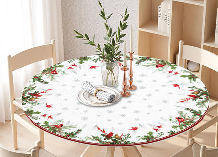 Winter Round Fitted Tablecloth with Elastic Edge,Water-Resistant Reusable Christmas Cardinal Bird Snowflake Red Table Cover for 44-48" Stretch Table Cloth for Dinner Indoor Outdoor Party Patio