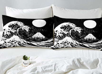 Erosebridal Moon Bedding Set Twin,Ocean Waves Duvet Cover Mountain Fuji Comforter Cover Japanese Style Bedspread Cover Marine Coastal Nautical Theme Quilt Cover White Black 3D Printed Bedroom Decor