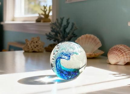 JUYOULE Hand Blown Ocean Wave Glass Paperweight - Blue Sea Glass Art for Beach Home Decor, Unique Gift for Ocean Lovers, Coastal Office Desk & Bathroom Decorations