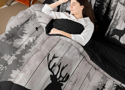 Erosebridal Deer Family Bedding Set Twin Retro Wooden Farmhouse Comforter Set 7 Piece Hunting Rustic Animal Bed in A Bag for Kids Girls Western Forest Wildlife Hunting Quilt with Flat Fitted Sheet