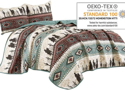 Jaba/WPM Western Teal/Beige/Burgundy Cowboy Desert Southwestern Print Bedspread 3 Piece west Theme Cabin Lodge Ranch Design Coverlet Quilt Set-Kadence 22366 (Queen), Teal, Beige, Taupe Burgundy
