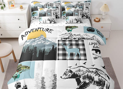 Erosebridal Cabin Bear Deer Comforter Set Queen 7 Piece Hunting Fishing Bass Fish Bedding Set with Sheets,Rustic Farmhouse Buffalo Plaid Bed in A Bag for Kids Boys Men Woodland Animal Bed Set