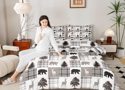 Wildlife Bear Moose Elk Comforter Set Queen for Boys Kids Xmas Room Decor Khaki Black Grid Comforter Aldults Bedroom Christmas Tree Bedding Set 1 Comforter with 2 Pillow Cases,Lightweight Warm Soft