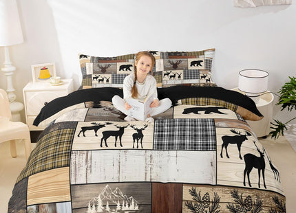 Erosebridal Retro Rustic Cabin Duvet Cover, Bear Deer Elk Moose Bedding Set Twin Size, Rustic Farmhouse Lodge Hunting Wildlife Comforter Cover Mountain Pine Tree Buffalo Bed Set for Kids Teens Adult