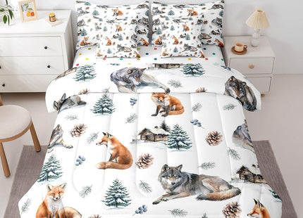 Erosebridal 7 Pcs Wolf Comforter Set Twin Size,Cute Fox Wildlife Bed in a Bag with Flat Sheet and Fitted Sheet for Kids Teens Adult,Rustic Cabin Lodge Bedding Set with Pillowcase and Sham Reversible