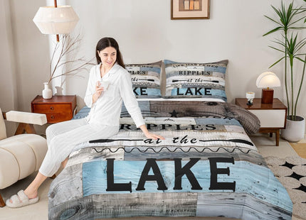 Homewish Lake Theme Comforter Set,Rustic Farmhouse Bedding Set for Kids Girls Women,Adults Lake Life Comforter,Wooden Barn Doors Quilted Duvet Set Bedroom Collection Twin Size 2Pcs