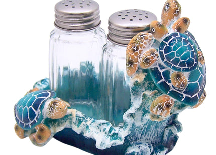Blue Sea Turtle Salt and Pepper Set Holder, Nautical Décor, Shakers Included, 4 Inches