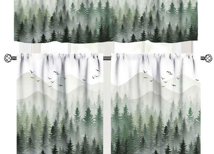 Forest Window Valance,Green Misty Forest Nature Tree Mountain Landscape Printed Window Treatments Drapes for Kitchen Bathroom Living Room Dining Room,3 Piece Set