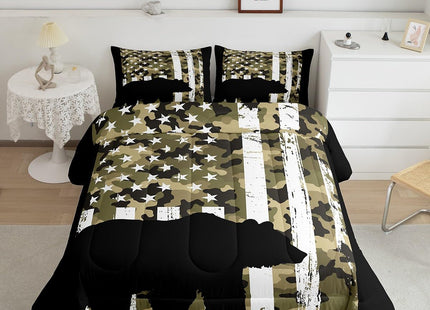 Erosebridal Black Bear Bedding Set Full Green Camouflage Comforter Set, US Flag Duvet Insert Army Military Camo Quilt Sets, Woodland Animal Bedding Comforters & Sets Farmhouse Lodge Cabin Decor 3pcs