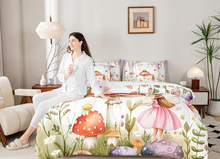 Erosebridal Fairy Garden Twin Bedding Set 7 Piece - Mushroom & Frog Comforter Set with Sheets for Kids Girls, Butterfly Floral Forest Themed Bed Set | Whimsical Fairies Fitted Sheet+Flat Sheet