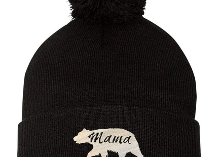 One Size Black Pom Mama Bear Embroidered Knit Beanie Pom Cap