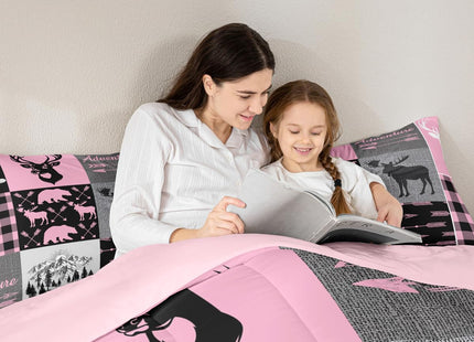 Christmas Rustic Camping Bedding Set For Boys, Hunting Elk Deer Comforter Set Full Buffalo Plaid Patchwork Duvet Insert Lodge Woodland Farmhouse Quilt For Kids Teens Adult Bedroom, Pink Black Grey