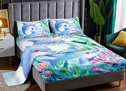 XYNHML Dolphins Animal Aqua Blue Green Sea Sheet Queen 4Pcs Kids Coral Jellyfish Bedding Set for Boys Girls Ocean Waves Bedspread Fish Bed Set with 1 Flat Sheet and 1 Fitted Sheet+2 Pillowcases