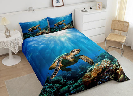 Erosebridal Sea Turtle Comforter Set, Tortoise Print Bedding Set, Reptile Nautical Duvet Set, Underwater World Oasis Ocean Animal Soft Lightweight Quilt Set Twin Size, for Kid Boys Girls Adult, Blue