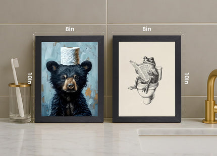 Framed Funny Black Bear Bathroom Canvas Wall Art Adorable Bear with Toilet Paper Painting picture Wall Decor Cute Animal Poster Print Artwork for Bathroom Modern Nursery Humor Home Decor 12x16 in