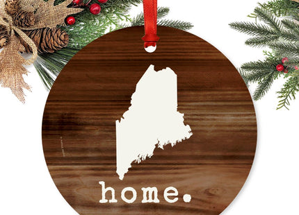 Andaz Press US State Round Metal Christmas Ornament, Rustic Wood Print, Maine, 1-Pack, Includes Ribbon and Gift Bag