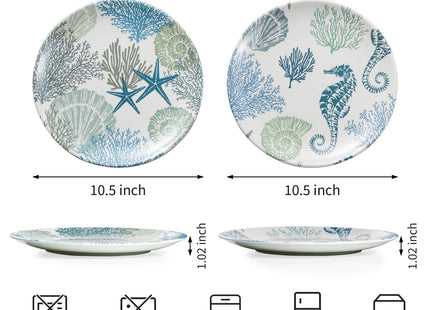 UNK U 10.5-Inch Ocean Theme Melamine Plates Set of 6, Nautical Seashell Dinner Plates, Dishwasher Safe Beach Party Plates for Coastal Dining & Special Events