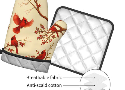 Red Cardinal Oven Mitts and Pot Holders Sets of 3, Non-Slip Christmas Heat Resistant Kitchen Gloves Hot Pad, Cardinal Gifts for Women, Rustic Christmas Kitchen Decor, Baking Cooking Grilling Gifts