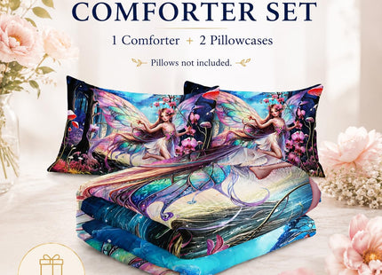 AILONEN Beautiful Butterfly Fairy Comforter Set,Magic Mushroom Duvet Set Queen Size, Mysterious Fairy Forest Theme Bedding Set Perfect for Kids Girls Bedroom,1 Quilt + 2 Pillow Case