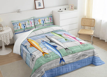 Fish Pattern Duvet Insert Twin,Kids Fish Hook Fishing Bedding Set for Boys Girls,Rustic Farmhouse Comforter Set for Bedroom Decor,Western Style Wood Barn Door Quilted Comforter with 1 Pillow Sham