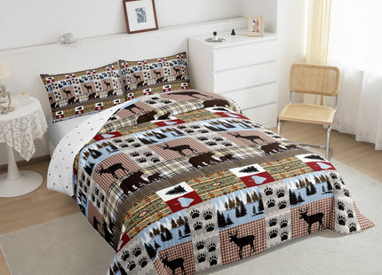 Rustic Patchwork Bedding Set Checkered Buffalo Plaid Quilt Twin for Kids Teens Adult,Woodland Wildlife Bear Moose Elk Comforter Set Animal Paw Print Lattice Grid Duvet Insert,Farmhouse Decor