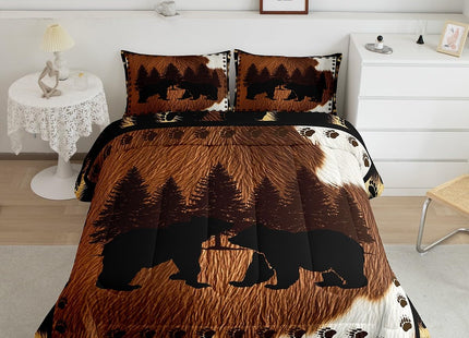 Kids Cow Fur Comforter Set Deer Bear Bedding Set Rustic Cabin Country Western Farmhouse Style Comforter Wild Animal Brown White Duvet Set Bedroom Quilt Set 3Pcs King Size