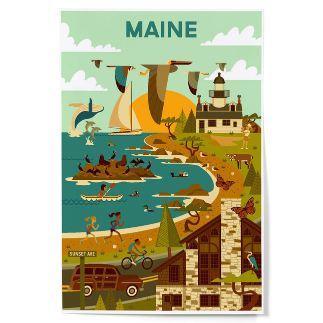Lantern Press Maine Wildlife, Lighthouse and Coastal Life Illustration, 12x18 Inch Art Print, Home Decor⁠