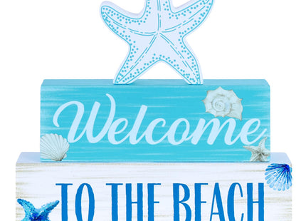 Beach Decorations for Home, MEETYAMOR 3-Layered Starfish Seashell Coastal Wood Block Beach Decor, TO THE BEACH Sign Ocean Decor for the Home, Table, Mantel