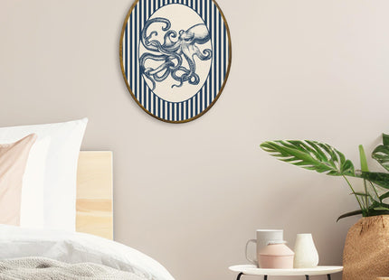 QZQE Coastal Beach Octopus Oval Wall Art Decor Framed, Ocean Beach Nursery Oval Canvas Prints, Navy Blue Striped Octopus Ocean Wall Hanging Decor for Home Bedroom Kids Nursery Room, 8.6x11.4 Inch