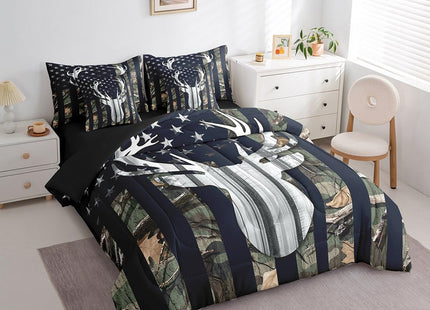 Camo American Flag Reversible Comforter Set 7 Piece Full Size,Deer Antlers Army Green Camouflage Bed Sheet Set Western Farmhouse Animal Hunting Bedding Set with Comforter,Fitted & Flat Sheet