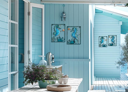 LIFFY Metal Wall Art Seahorse with Frame 13 LED lights,Beach Decor Fish Glass Sculpture Coastal Wall Hanging Ocean Theme Nautical Outdoor Decor for Patio,Garden,Yard,Pool,home gift(2pcs, Blue)