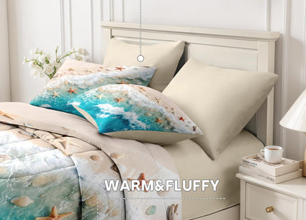 Nesker Queen Comforter Set with Sheets, 7 Pieces Beach Starfish Bedding