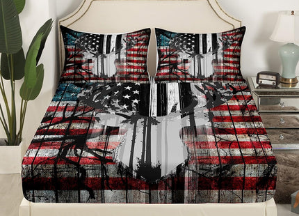 Feelyou American Flag Deer Antlers Bed Sheets Hunting Camping Sheet Set for Kids Boys Girls USA Flag Bed Set Tree Branch Bedding Sheets 1 Sheet Set with 2 Pillowcases Queen Size