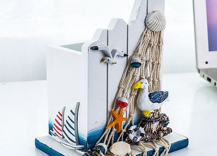 SeaHug Nautical Pen Holder, Coastal Wooden Desk Organizer with Seagull, Starfish and Seashell Details, Small Beach-Themed Pencil Cup for Office Desk, Vanity, Bathroom Counter Decor