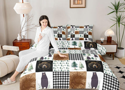 Kids Rustic Black Bear Comforter Set Twin Woodland Animal Bedding Set For Boys Teen Men,Patchwork Black White Grey Buffalo Plaid Comforter Farmhouse Wooden Pine Tree Bear Paw Quilt Duvet 2 Pcs