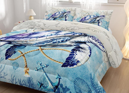 Nttopship Sea Turtle Comforter Bedding Set with 2 Pillowcase Full Size Ocean Comforter Set for Kids Boys Girls Bedroom Decor