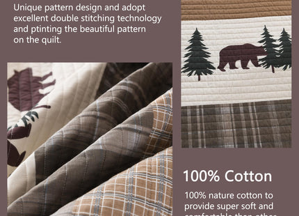 Finlonte Quilt King Size, 100% Cotton Christmas King Size Quilt, Lodge Cabin Farmhouse King Quilt, Brown Green Lightweight Soft Quilt Bedspread Sets for All Season, 3 Pieces