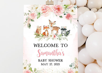 Personalized Pink Floral Woodland Baby Shower Welcome Sign, Woodland Animals Baby Shower Sign, Customized Baby Shower Party Sign, Baby Shower Decorations