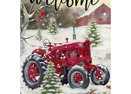 Furiaz Welcome Winter Red Tractor Large House Flag, Pine Tree Cardinal Red